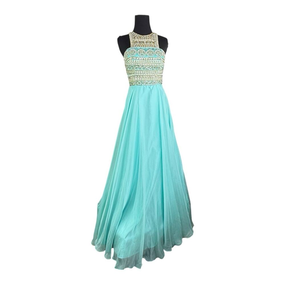 Dave & Johnny Beaded Bodice Teal Halter Gown Prom Dress Formal Elegant  Sz 1/2‎
